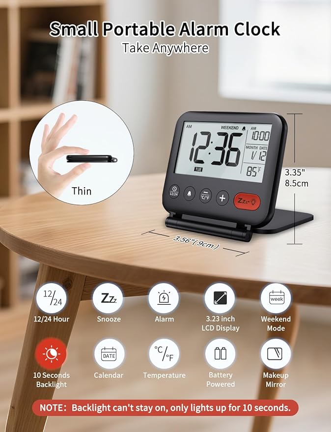 NOKLEAD Digital Travel Alarm Clock for Bedroom Office: Small LCD Desk Clock with Backlight Date Temperature Snooze 12/24H Weekend Mode and Mirror, Battery Powered Folding Bedside Clock for Adult Kids