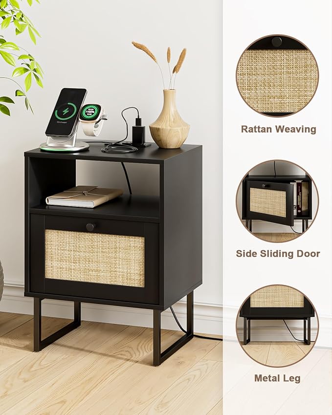 Rattan Nightstand with Charging Station, Mid Century Modern Night Stand,Boho Farmhouse Wood Bedside Table with Storage and Open Shelf, End Side Accent Table for Bedroom,Living Room,Black