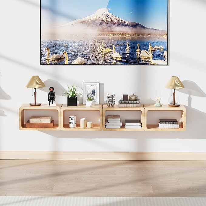 Bamboo Floating Nightstand with Storage Drawer and Modern Open Shelf Cubby，Bedroom, Living Room, Kitchen, Tool Room for use. (Natural, Prepare for Departure)
