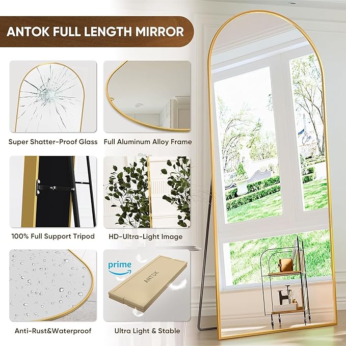 Antok Full Length Floor Mirror Arched Standing Mirror with Aluminum Frame - Freestanding Wall Mount Leaning Body Mirror for Bedroom Living Room Entryway, 58" L x 18" W, Gold