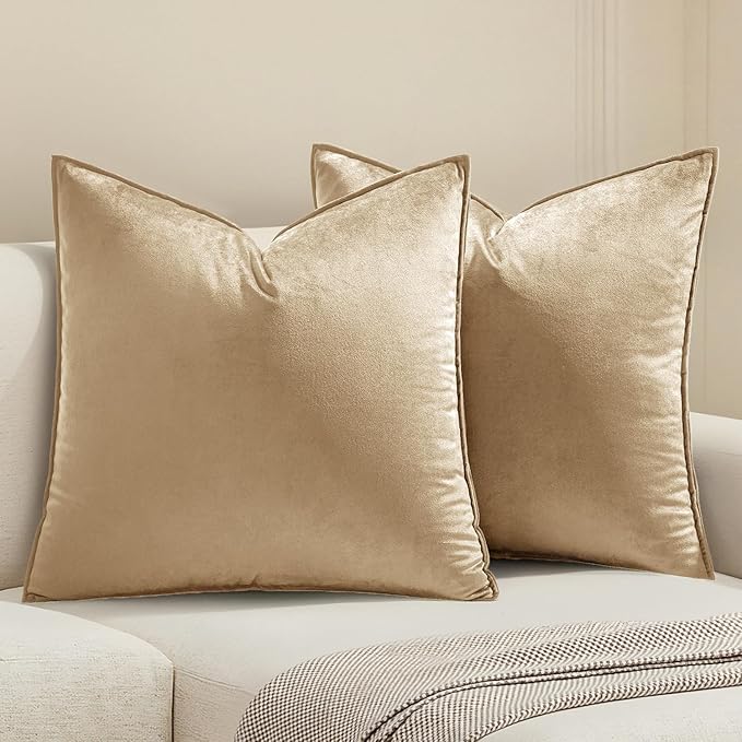 MIULEE Summer Beige Velvet Throw Pillow Covers 18x18 Soft Decorative Solid Square Cushion Cases Pack of 2 Modern Luxury Home Decor for Couch, Sofa, Bedroom