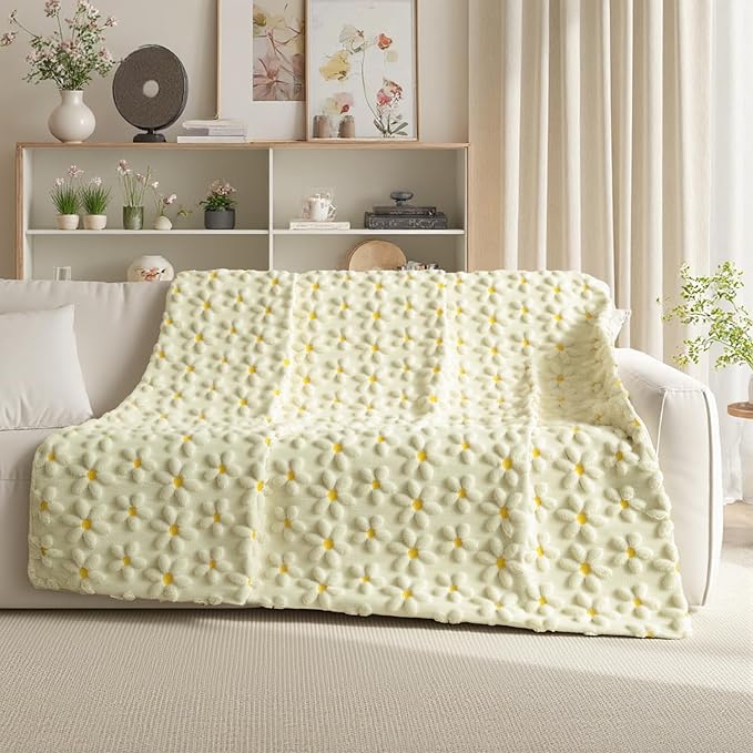 Horaldaily Spring Summer Throw Blanket, Beige Daisy Soft Fuzzy Plush Faux Fur Cozy Blankets for Couch Sofa Bed Lounging, Ideal Gifts for Kids Adults Wife Self, 60x80