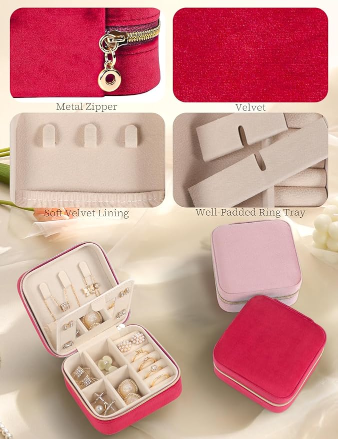 Plush Velvet Travel Jewelry Case Small Jewelry Box Jewelry Organizer Storage Case Portable Jewelry Travel Case for Girls Womens Earring, Necklace, Rings,Bracelets with Mirror