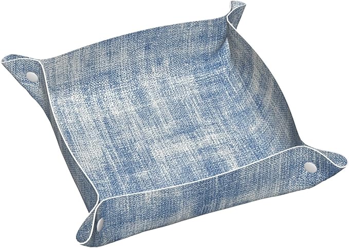 Washed Denim Fabric Texture Beige Blue Valet Tray Leather Desktop Storage Organizer Bedside for Jewelry Keys Coin Sundries