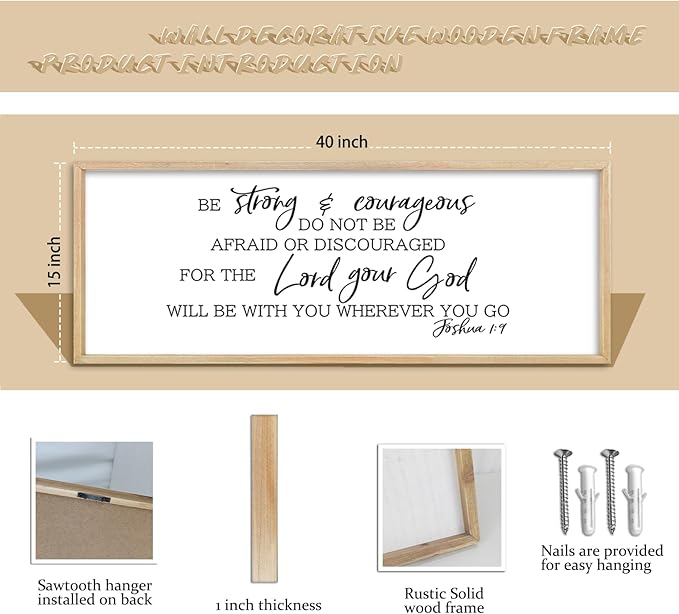 comurdyo Be Strong and Courageous Sign Joshua 1:9 Wall Decor 40"x15" Bible Verse Plaque Christian Faith Inspirational Quote Large Rustic Wooden Wall Hanging Art (Wood)