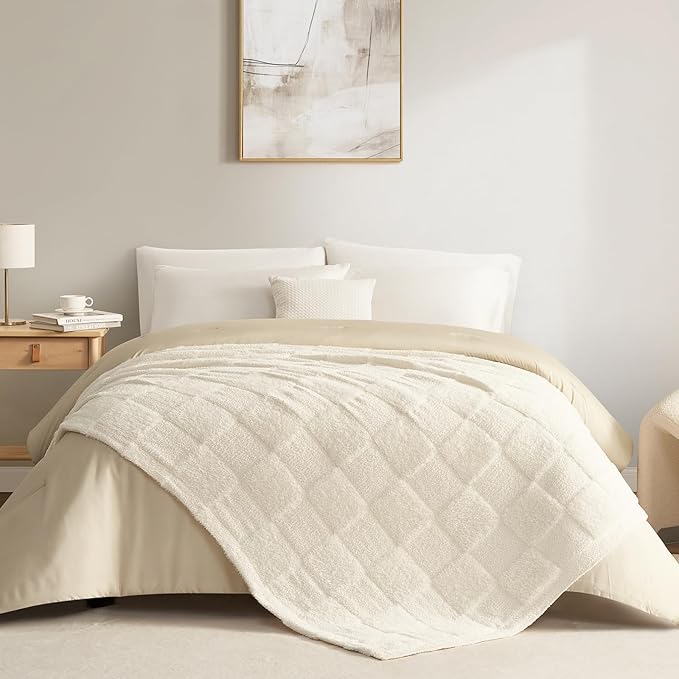 Snuggle Sac Checkered Throw Blanket Faux Fur Microfiber Blankets for Couch,Cozy Soft Warm Blanket for Sofa Bedroom Living Room,Solid Ivory,50x60 inches