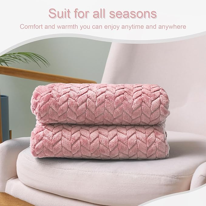 Exclusivo Mezcla Fleece Throw Blanket for Couch and Bed, 50x70 Inches Soft Cozy Jacquard Flannel Blankets, Lightweight Fuzzy Plush Warm Throws for Women, Pink