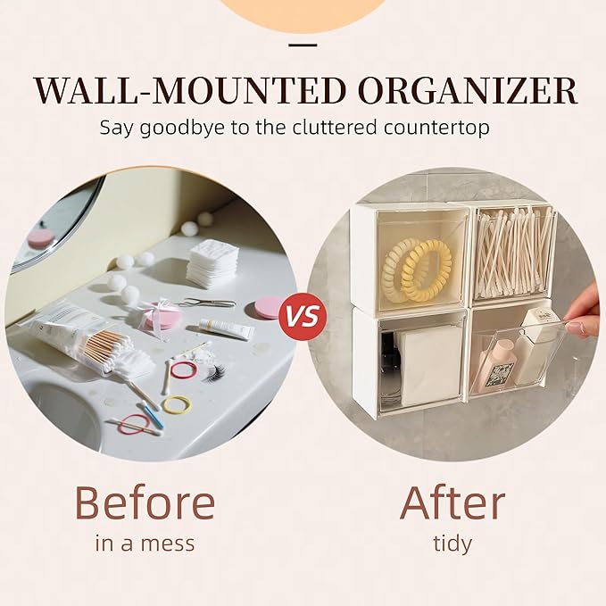 Qtip Holder Wall Mount for Cotton Swabs, Balls, Pads, Hair Ties,Floss Picks- Small Plastic Bathroom Wall Organizers and Storage Set,Bedside Shelf,Home Decor,Dorm Room Essentials (4)