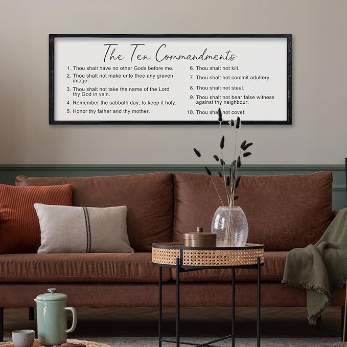 comurdyo Christian The Ten Commandments Bible Verse Wall Decor Art 32"×12" Large Wood Framed God Prayer Catholic Saying Catholic Sign for Vintage Living Room Jesus Plaque Wall Hanging (Black)