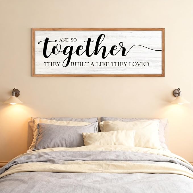 And So Together They Built A Life They Loved Decorative Rustic Sign & Plaque Framed Wall Art for Couples, 40''×15'' Vintage Wooden Horizontal Wall Decor Above Bed, Farmhouse Wedding Gift