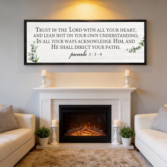Trust in the Lord with All Your Heart Wall Art: 40"x15" Framed Bible Verse Wooden Sign, Proverbs 3:5–6 Christian Wall Decor, Large Rustic Scripture Home Decor, Black