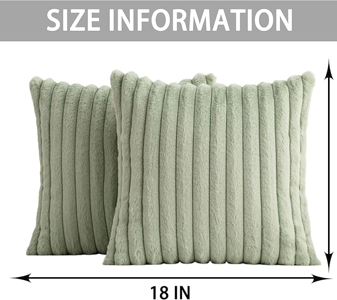 Aegero Pack of 2 Faux Fur Christmas Throw Pillow Covers 18x18 Inch, Soft Plush Striped Neutral Couch Pillow Cover, with Velvet Back Modern Home Decor for Sofa Living Room Couch Bed Sage Green