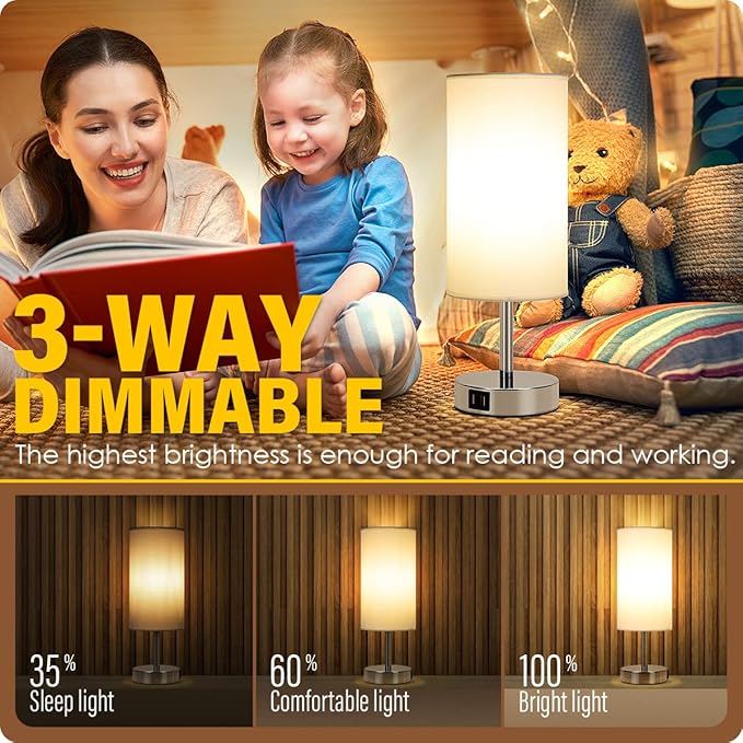 Yarra-Decor Bedside Lamp with USB Port - Touch Control Table Lamp for Bedroom 3 Way Dimmable Nightstand Lamp with Round White Fabric Shade for Living Room, Dorm, Home Office (LED Bulb Included)