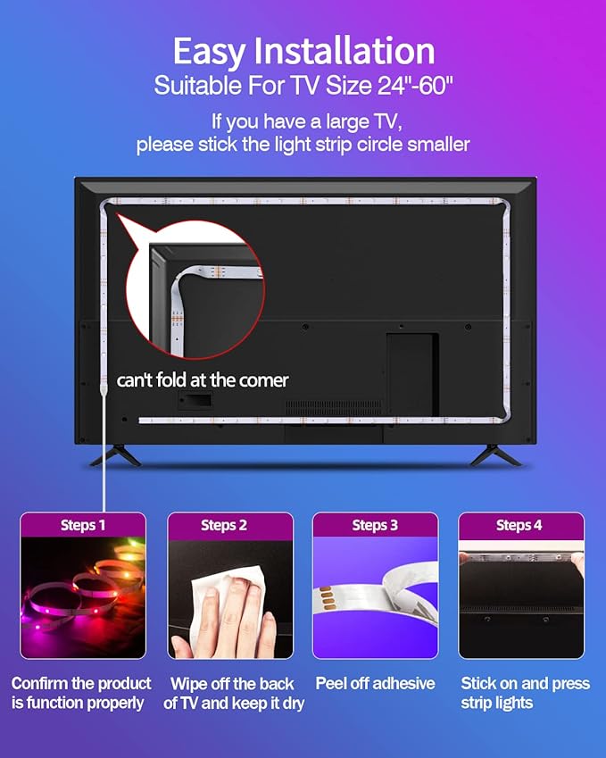 Daymeet LED Lights for TV, 9.8FT RGBICW TV LED Backlight for 32-43 inch TVs, USB Strip Lights Behind TV, Color Changing Sync with Music, Bluetooth App Controlled Led Lights for Bedroom Home Decor