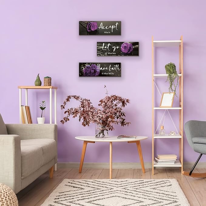 ZINYAZHE 3 Pcs Purple Wall Decor Inspirational Purple Bathroom Wooden Purple Rose Wall Art Office Wall Decor With Accept Let Go Have Faith Quotes For Girl Women Bathroom Bedroom(12 X 4 Inch)