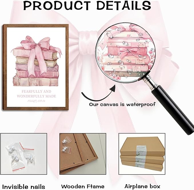 Pink Bow And Book Canvas Wall Art Set of 3, Coquette Trendy Preppy Cute Girl Posters Prints Wall Decor, Book Lovers Gifts for Girls Room College Apartment Living Room Bedroom 16x24In Wood Framed