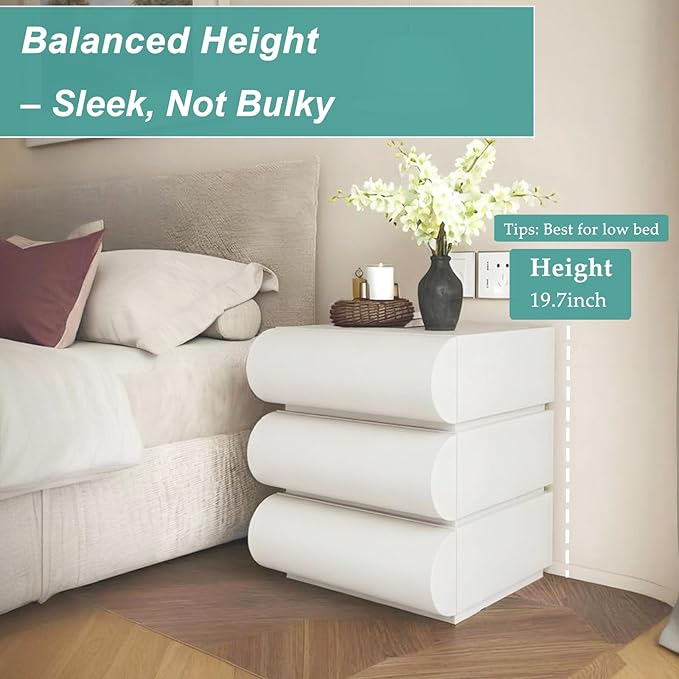 Modern Nightstand with Storage, Small End Table with Upholstered Leather Finish, 3 Solid Wood Drawers for Bedroom Bedside and Living Room