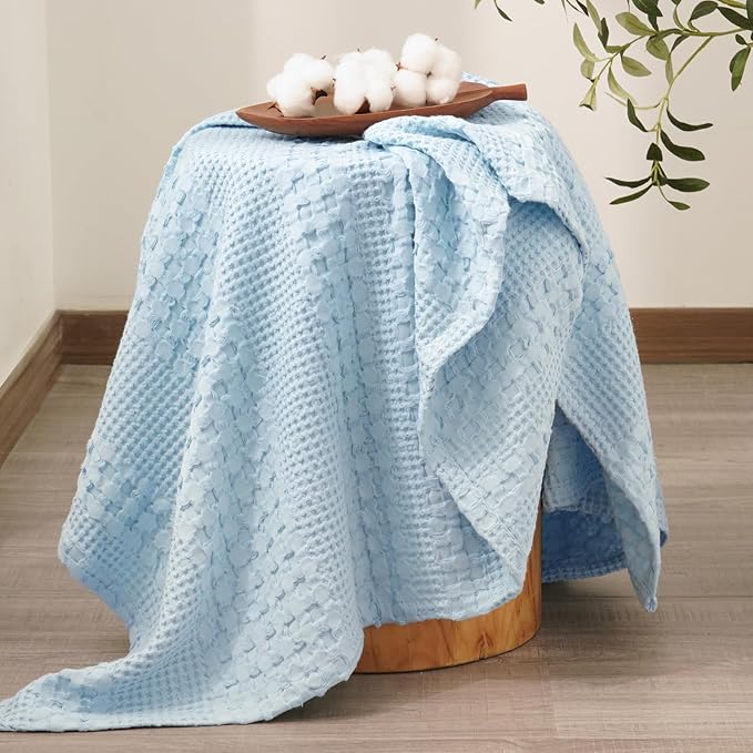 PHF 100% Cotton Waffle Weave Throw Blanket, Soft Lightweight Breathable Cozy Throws for Couch Bed Sofa, Luxury Aesthetic Blanket Gift for Home Decor & Office, 50"x60", Baby Blue