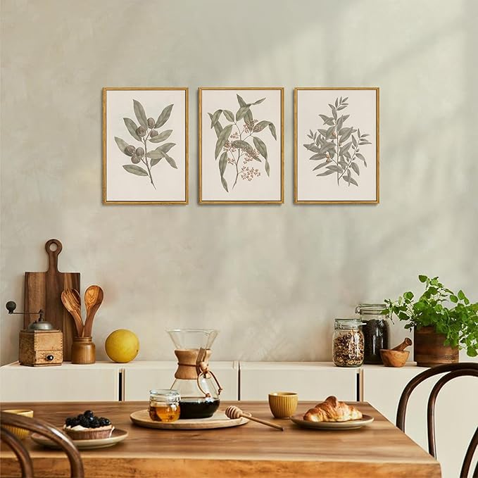 Wodkwq 3 Piece Vintage Botanical Canvas Wall Art Framed, Neutral Farmhouse Country Wall Decor,Sage Green Leaves Plants,Floral Painting For Living Room,Bedroom,Office,Kitchen 16x24in