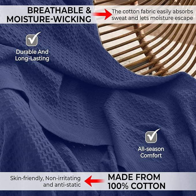 100% Cotton Blankets for Bed - Waffle Weave Blankets for Summer, Lightweight and Breathable Soft Woven Blanket for Spring (Navy, Throw (50" x 60"))