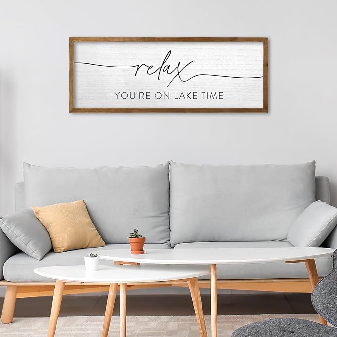 TQianJiang Relax You're On Lake Time Wall Decor 32"×12" Lakeside Quote Sign Lake House Decor for Living Room Bedroom Large Rustic Wooden Framed Wall Hanging Art (Wood)