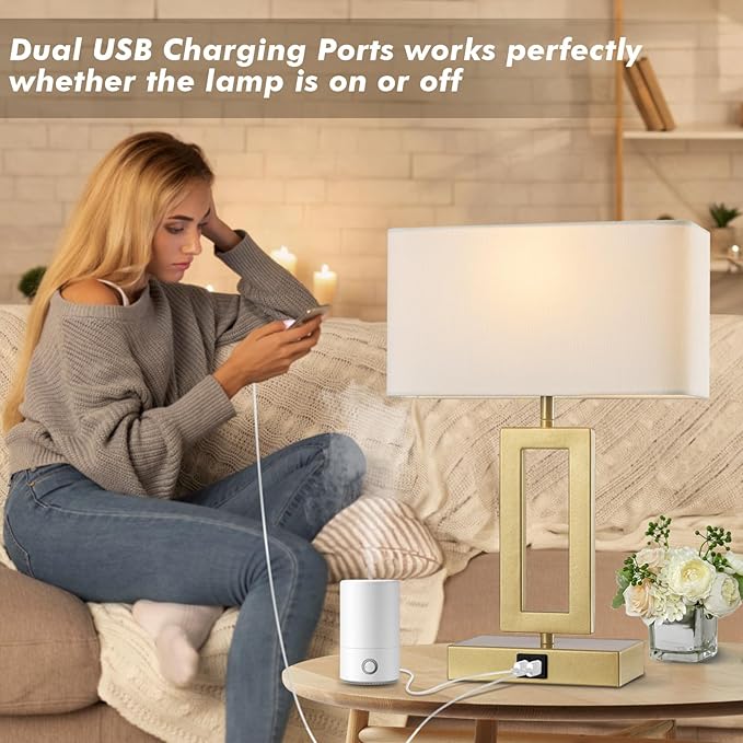 Gold Table Lamps Set of 2 with Dual USB Ports,3-Way Dimmable Touch Control Bedside Lamps,Modern Bedroom Table Lamp for Living Room,Nightstand LED Bulbs Included