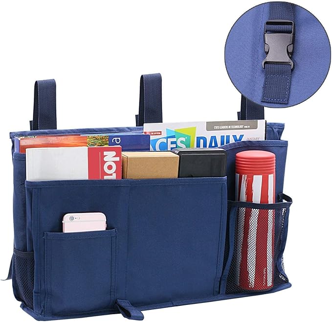 Bedside Caddy Improved With 3 POM Buckles -Hanging Organizer For Phone, Magazine, Accessory&Remote -Best For Dorm Room, Bunk Bed, Hospital Bed, Bed Rail, Headboard, Apartment, Bathroom&Travel