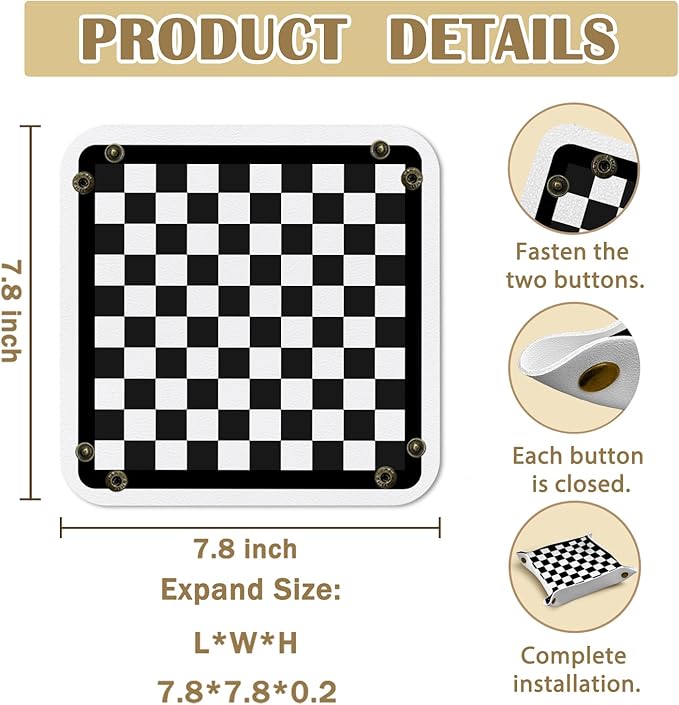 Black and White Checkered Jewelry Valet Tray for Men, Checkered PU Leather Catchall Beside Caddy Nightstand Organizer Tray for Jewelry Rings Watches and Accessories, 7.87x7.87in