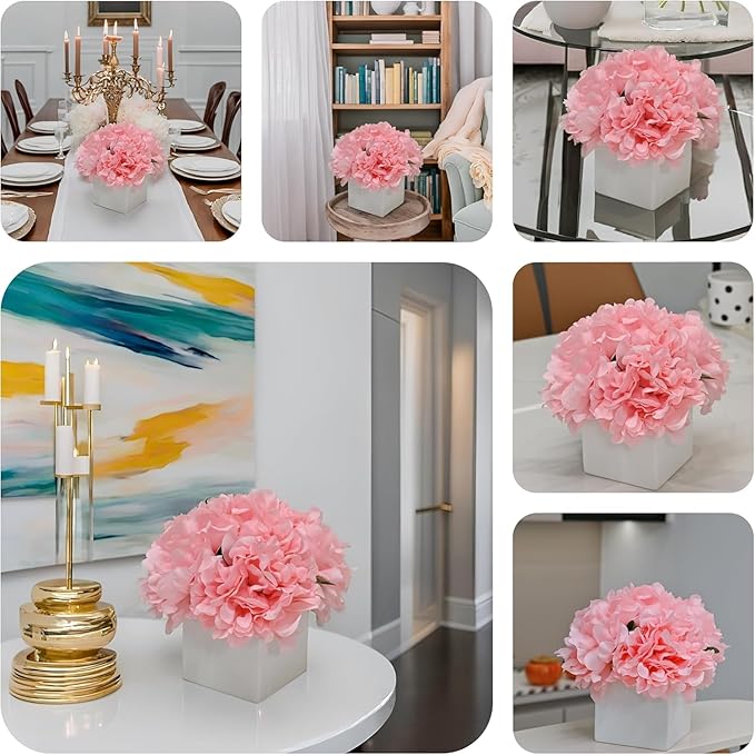 LADADA Faux Flowers with vase ，Fake Peony Bouquet in Square White Ceramic Vase, Flowers for Table Decoration Farmhouse Floral Arrangement (Pink)