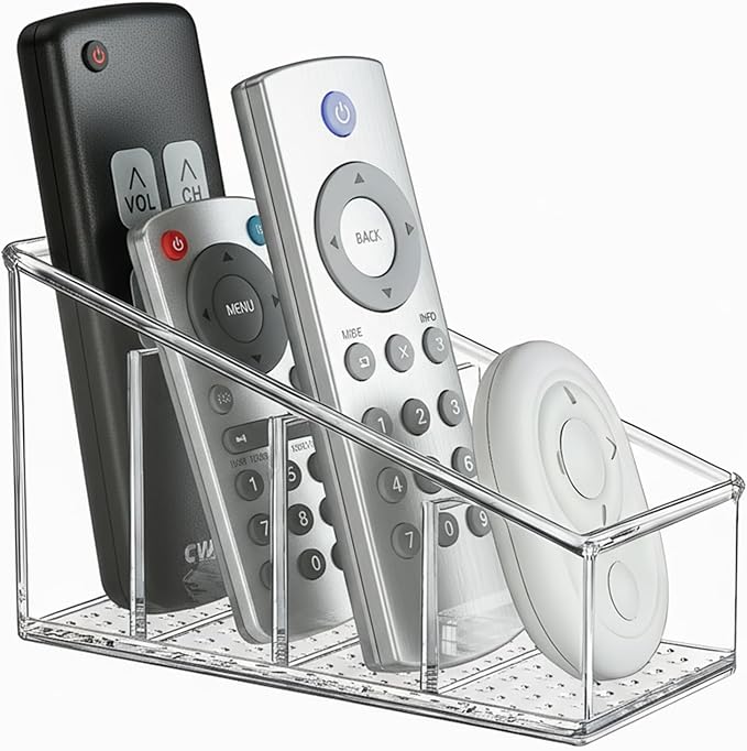 TV Remote Holder, Remote Holder for Table, Remote Control Caddy, Clear PET Remote Control Organizer with 4 Storage Compartments, Mini Desktop Remote Storage for Household, Bedside, Living Room (1Pcs)