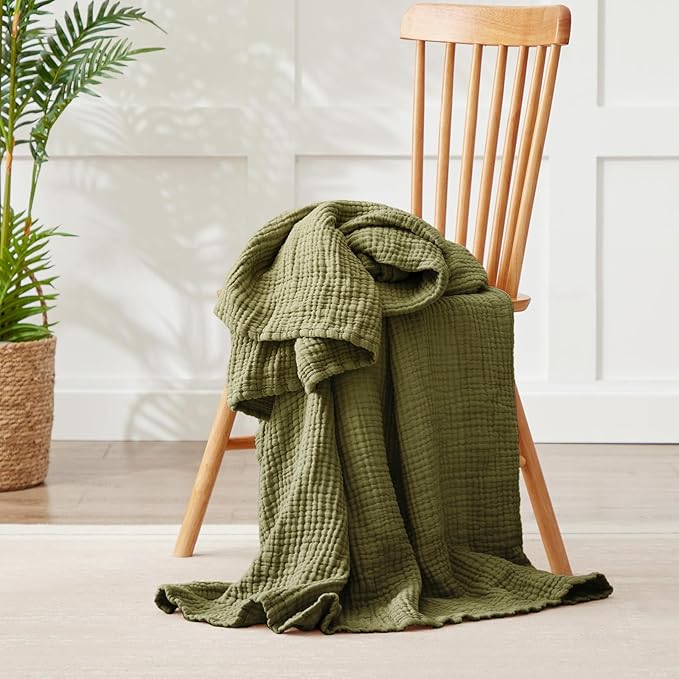 100% Cotton Muslin Blanket Large 50" x 70", Breathable and Lightweight Cotton Throw Blankets for Bed and Couch, Soft Cooling Summer Gauze Blanket for Adults All Season, Olive Green