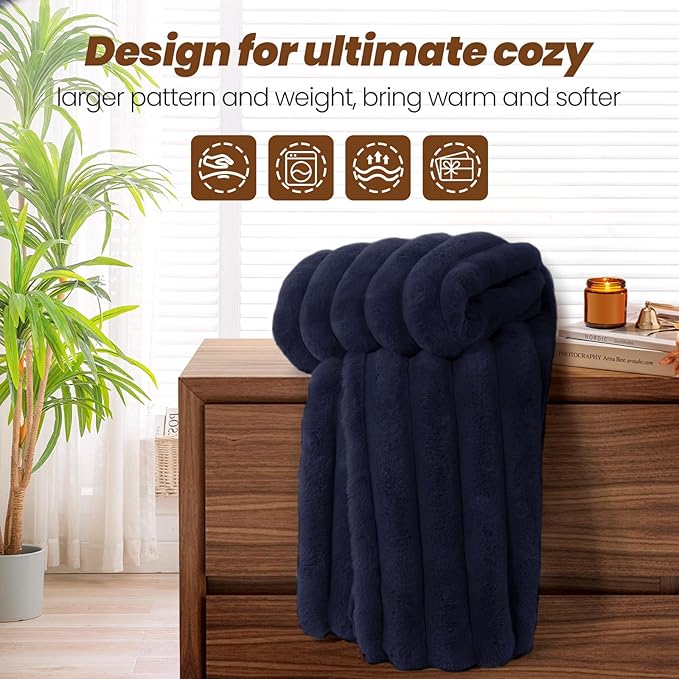 Faux Fur Throw Blanket for Couch,Cozy Soft Plush Thick Striped Luxury Blanket for Sofa Living Room Bedroom,60 * 80 Inches, Navy Blue