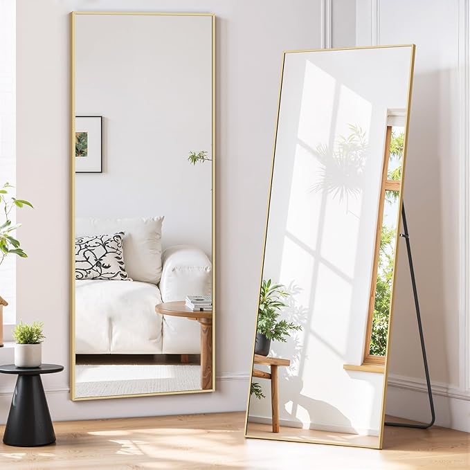 Full Length Mirror 56"x15" Full Body Mirror Rectangle Free Standing Wall Mounted Leaning Floor Mirrors with Stand Aluminum Alloy Frame for Bedroom Cloakroom, Gold