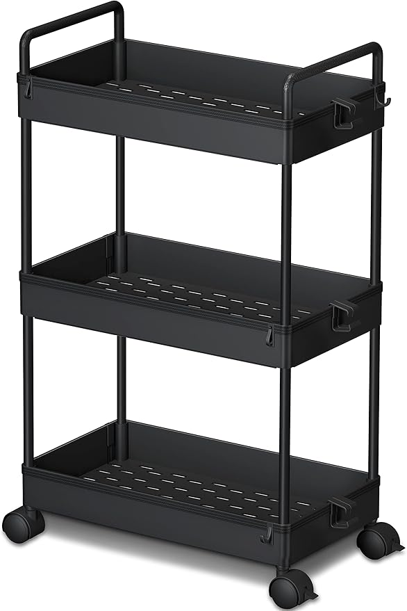 Ronlap 3 Tier Slim Rolling Storage Cart with Wheels Plastic Utility Cart Organizer for Snack Craft Art Postpartum Baby Diaper Nail Makeup in Bathroom Laundry Room Kitchen Bedside Narrow Space, Black