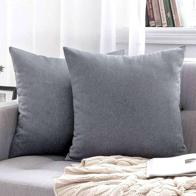 MIULEE Pack of 2 Decorative Outdoor Solid Waterproof Throw Pillow Covers Faux Linen Garden Farmhouse Cushion Cases for Patio Tent Balcony Couch Sofa 18x18 Inch Dark Grey