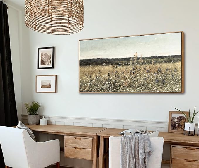 DJSYLIFE Framed Vintage Wall Art, Extra Large Wildflower Fields Canvas Wall Art, Classical Flowers Landscape Painting Prints, Country Farmhouse Living Room Decor, Modern Home Bedroom Decor 24x48inch