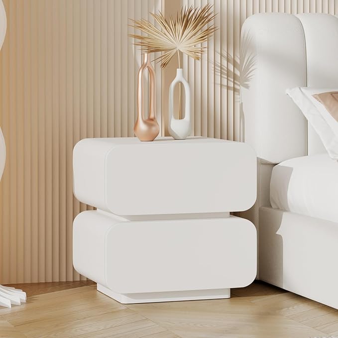 Nightstand with 2 Drawer, Bedside Table with Microfibre Leather, Fashion Night Stand for Bedroom, No Assembly Required (White, 2 Drawers Square)
