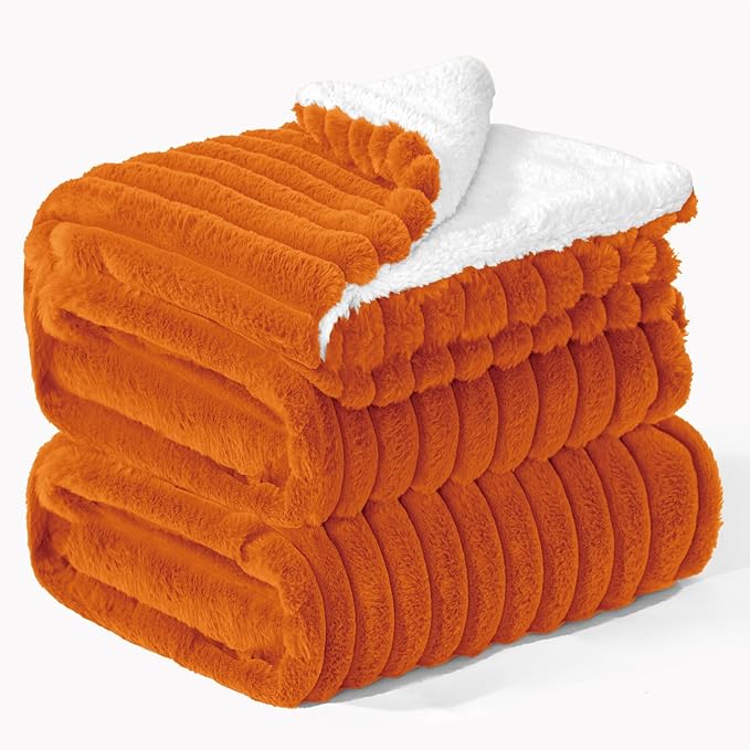 INFIIXSO Sherpa Fleece King Size Blanket - Super Soft & Warm Striped Fleece, Cozy Plush Fluffy Large Bed Blanket All Season Use (Burnt Orange, 104x90 Inches)