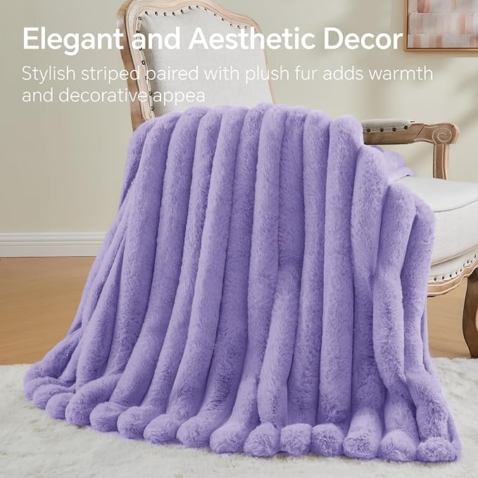 BEDELITE Faux Fur Throw Blanket for Couch, Soft and Cozy Luxurious 3D Striped Purple Fluffy Blanket, 770GSM Thick Warm Plush Fuzzy Faux Rabbit Fur Blanket for Women Gift (Lavender, 50"x 60")