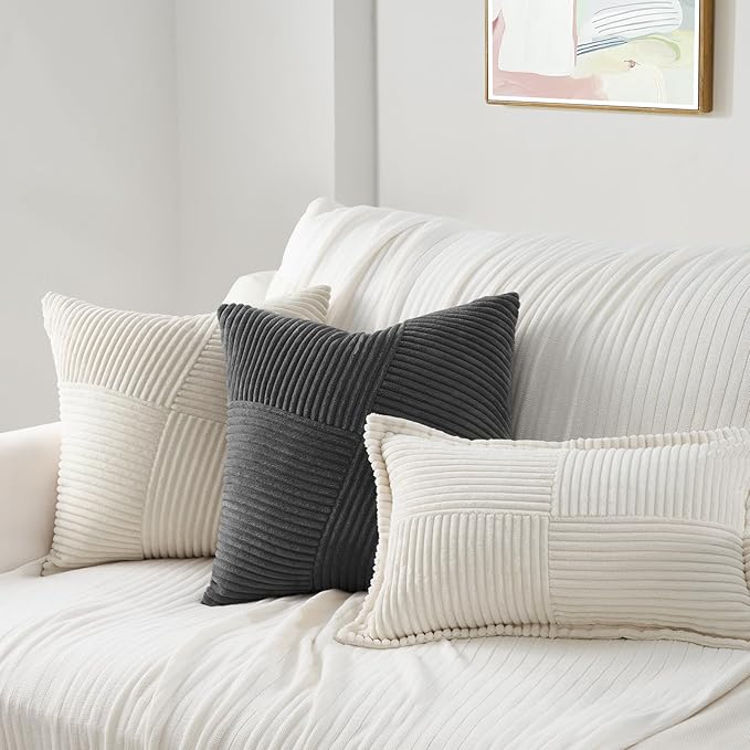 Topfinel Pack of 2 Decorative Throw Pillow Covers 18x18 Inch Soft Corduroy Boho Textured Striped Patchwork Pillow Covers Farmhouse Rustic Home Decor for Spring Sofa Living Room Couch Bed Darkgrey