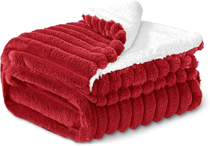 INFIIXSO Sherpa Throw Blanket for Couch - Super Soft & Warm Striped Fleece Blanket, Cozy Plush Fluffy Blanket All Season Use (Red, 50x60 Inches)