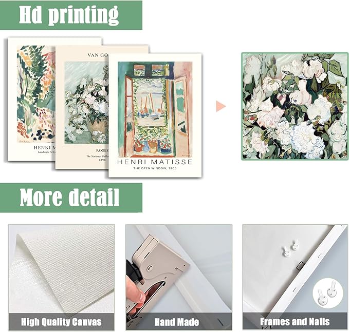 Framed Green Vintage Canvas Wall Art Set of 3 - Van Gogh Abstract Rose Pictures Wall Decor, Mid Century Modern Matisse Artwork Paintings Prints for Living Room Bedroom Bathroom 12x16 inch