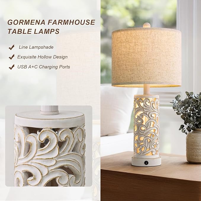 22" Dual Light Table Lamps Set of 2 for Living Room, USB A+C Table Lamp for Bedroom, Farmhouse Lamps for Night Stands with Linen Shade for Home Office(Wash White, Bulb Included)