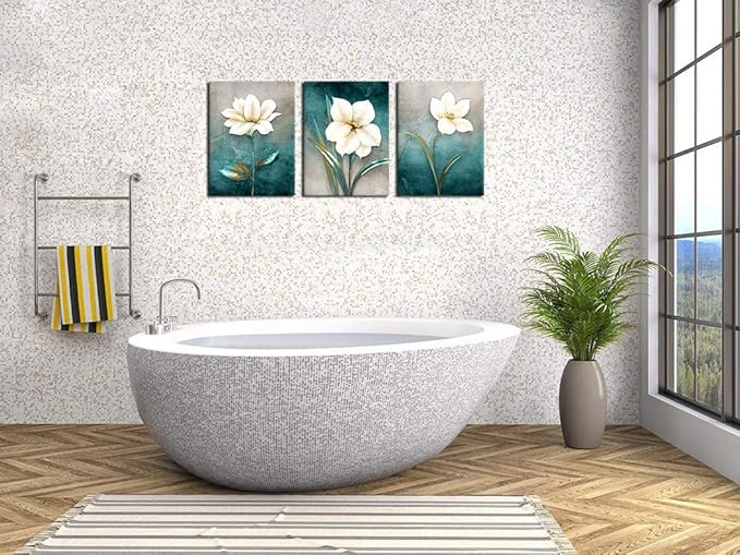 Flower Canvas Wall Art Cream White Floral Wall Decor Turquoise Tealish Grey Background Canvas Picture Modern Rustic Artwork Bathroom Bedroom Living Room Home Office Decoration 16" x 24" x 3 Pieces