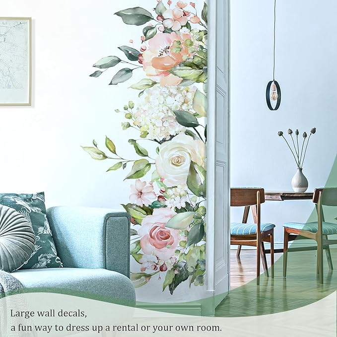 Flowers Leaves Wall Decals Peel and Stick, Large Floral Flowers Wall Stickers, Removable Vine Home Decor Art for Bedroom Living Room Classroom Office