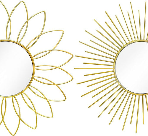 3 Pack Metal Mirrors for Wall Sunburst Wall Mirrors Home Décor Decorative Hanging Wall Art for Living Room Bedroom Entryway (Gold2, Flower+Sunburst)