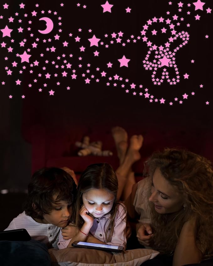 Greingways 201 Pcs Glow in The Dark Stars Stickers for Ceiling Bedroom, Stocking Stuffers for Kids Ages 3-5, 4-8, 8-12, Boys Girls Room Decor Wall Stickers Stocking Stuffers for Toddler-Pink