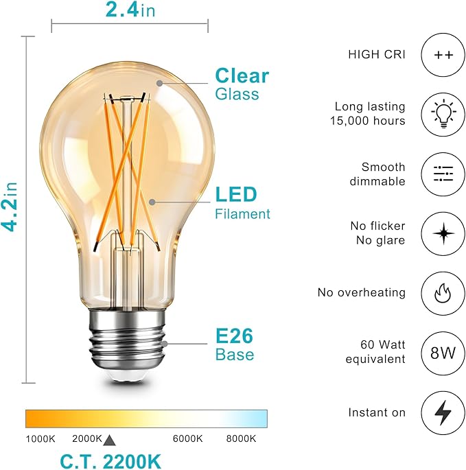 TJOY 12 Pack A19 Vintage LED Edison Bulbs, Dimmable, 60W Equivalent, High Brightness 2200K Amber White, 8W E26 Standard Base, 800 Lumens, CRI80+, Amber Glass Filament Bulb for Home, Farmhouse