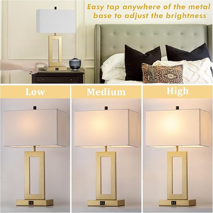 Gold Table Lamps Set of 2 with Dual USB Ports,3-Way Dimmable Touch Control Bedside Lamps,22inch Tall Modern Bedroom Table Lamp for Living Room,Nightstand LED Bulbs Included
