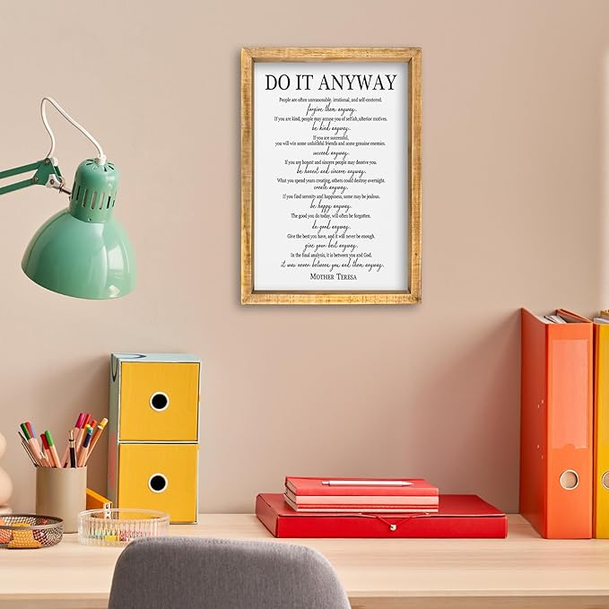 comurdyo Do It Anyway Wall Decor 16"x11" Mother Theresa Quotes Inspirational Sign Bible Verse Christian Motivational Modern Bedroom Vintage Wood Framed Farmhouse Wall Hanging Art (Wood)